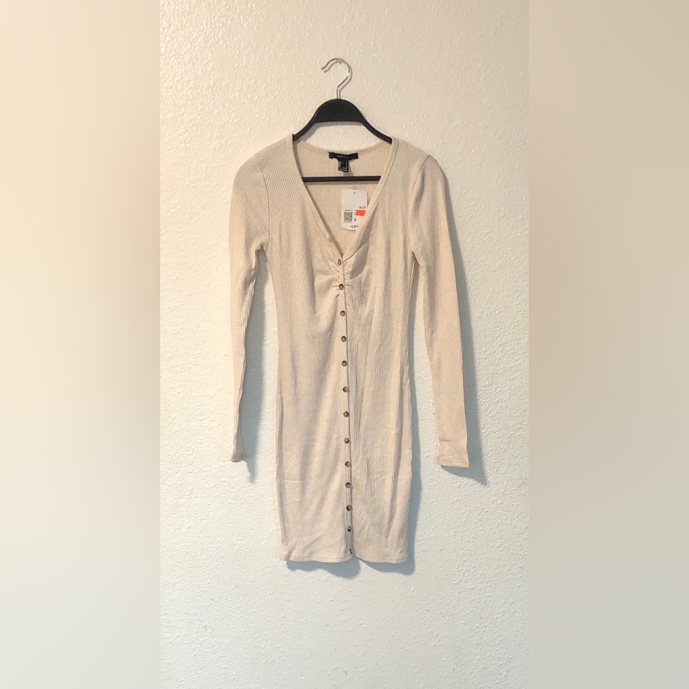 Forever 21 Long-Sleeve Ribbed Bodycon Dress - Cream